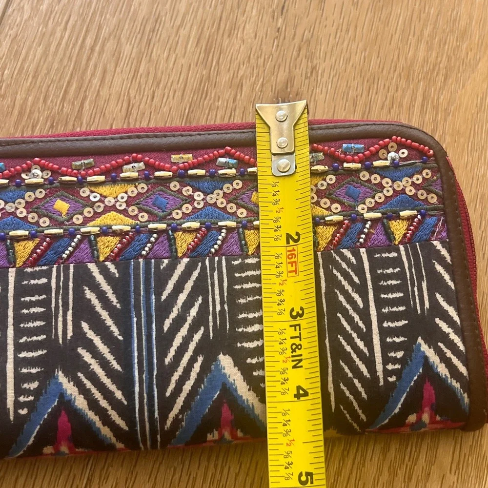 Pier 1 Imports Beaded Embroidered Zip Around Wallet Boho Ikat Geometric Pink NWT